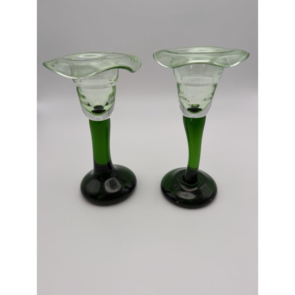 Hand Blown Art Glass Candlestick Pair Emerald Green Studio Vase Holders